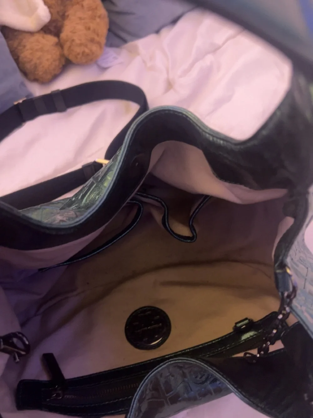 Embossed Green Tory Burch Hobo Bag with Subtle Sheen